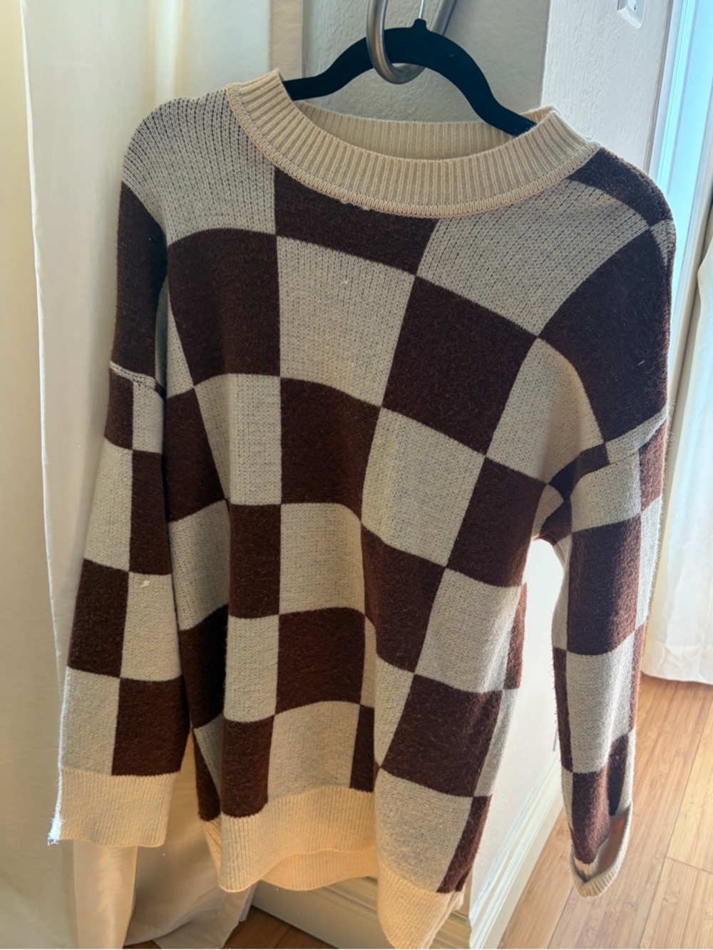 12th Tribe Women’s Checkered Knit Sweater in Cream and Brown Size S/M